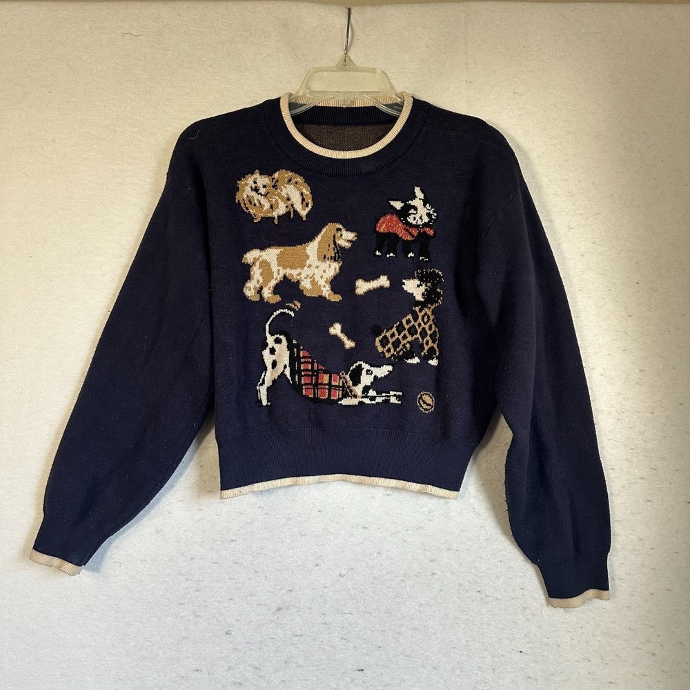 Cider Women's Dog Puppy Crewneck Sweater Long Sleeve Cozy Women's Navy Blue sz S